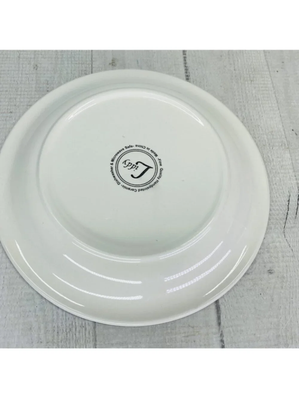 Liddy GREEN PLANTS Hand Painted Blue Trim Ceramic Salad Snack Round Plates Set 6